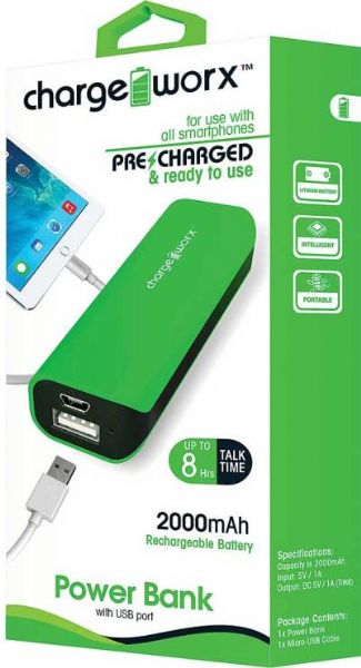 Chargeworx CX6505GN Power Bank with USB Port, Green, Compact design, For use with all smartphones, 2000 mAh Rechargeable Battery, Power indicator light, Flash light, Includes charging cable, UPC 643620002957 (CX-6505GN CX 6505GN CX6505G CX6505)