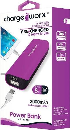 Chargeworx CX6505VT Power Bank with USB Port, Purple, Compact design, For use with all smartphones, 2000 mAh Rechargeable Battery, Power indicator light, Flash light, Includes charging cable, UPC 643620650561 (CX-6505VT CX 6505VT CX6505V CX6505)