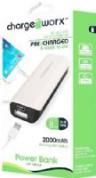 Chargeworx CX6505WH Power Bank with USB Port, White, Compact design, For use with all smartphones, 2000 mAh Rechargeable Battery, Power indicator light, Flash light, Includes charging cable, UPC 643620002940 (CX-6505WH CX 6505WH CX6505W CX6505) 