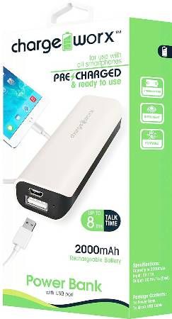 Chargeworx CX6505WH Power Bank with USB Port, White, Compact design, For use with all smartphones, 2000 mAh Rechargeable Battery, Power indicator light, Flash light, Includes charging cable, UPC 643620002940 (CX-6505WH CX 6505WH CX6505W CX6505)