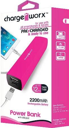 Chargeworx CX6506PK Premium 2000mAh Power Bank with USB Port, Pink, Pre-charged & ready to use, Extends Battery Standby Time, Rechargeable Battery, Pocket size compact design, Compatiable with most mobile devices, Input DC 5V 0.5 ~ 1A (Max), Output DC 5V 0.5 ~ 1A, Protection: Shortcircuit/Overcharge/Discharge, Recycling Times more than 500, UPC 643620650646 (CX-6506PK CX 6506PK CX6506P CX6506)