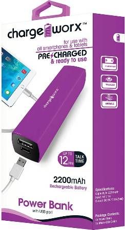 Chargeworx CX6506VT Premium 2000mAh Power Bank with USB Port, Violet, Pre-charged & ready to use, Extends Battery Standby Time, Rechargeable Battery, Pocket size compact design, Compatiable with most mobile devices, Input DC 5V 0.5 ~ 1A (Max), Output DC 5V 0.5 ~ 1A, Protection: Shortcircuit/Overcharge/Discharge, Recycling Times more than 500, UPC 643620650660 (CX-6506VT CX 6506VT CX6506V CX6506)