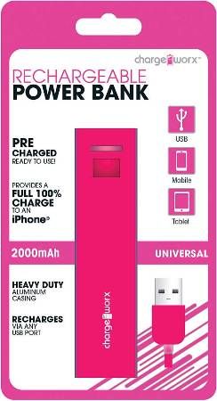 Chargeworx CX6507PK Rechargeable Metallic Power Bank, Pink, Compact design, 2000mAh Rechargeable Battery, Provides a full 100% charge to an iPhone, Heavy duty aluminum casing, Recharges via any USB port, Compatible with USB devices, Includes charging cable, UPC 643620565070 (CX-6507PK CX 6507PK CX6507P CX6507)