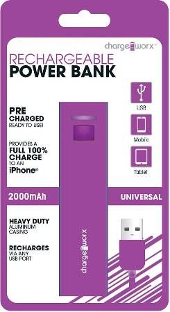 Chargeworx CX6507VT Rechargeable Metallic Power Bank, Purple, Compact design, 2000mAh Rechargeable Battery, Provides a full 100% charge to an iPhone, Heavy duty aluminum casing, Recharges via any USB port, Compatible with USB devices, Includes charging cable, UPC 643620665077 (CX-6507VT CX 6507VT CX6507V CX6507)