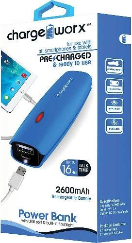 Chargeworx CX6510BL Power Bank with Built-in Flashlight, Blue, Pre-charged & ready to use, Pocket size compact design, Extends battery standby time, Rechargeable 2600mAh Battery, 1x USB Output 1A, Compatible with most mobile devices, Switch ON/OFF with built-in LED charging indicator, Micro USB input port, UPC 643620651018 (CX-6510BL CX 6510BL CX6510B CX6510)