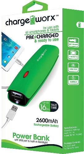 Chargeworx CX6510GN Power Bank with Built-in Flashlight, Green, Pre-charged & ready to use, Pocket size compact design, Extends battery standby time, Rechargeable 2600mAh Battery, 1x USB Output 1A, Compatible with most mobile devices, Switch ON/OFF with built-in LED charging indicator, Micro USB input port, UPC 643620651032 (CX-6510GN CX 6510GN CX6510G CX6510)