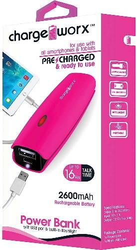 Chargeworx CX6510PK Power Bank with Built-in Flashlight, Pink, Pre-charged & ready to use, Pocket size compact design, Extends battery standby time, Rechargeable 2600mAh Battery, 1x USB Output 1A, Compatible with most mobile devices, Switch ON/OFF with built-in LED charging indicator, Micro USB input port, UPC 643620651049 (CX-6510PK CX 6510PK CX6510P CX6510)