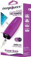 Chargeworx CX6510VT Power Bank with Built-in Flashlight, Violet, Pre-charged & ready to use, Pocket size compact design, Extends battery standby time, Rechargeable 2600mAh Battery, 1x USB Output 1A, Compatible with most mobile devices, Switch ON/OFF with built-in LED charging indicator, Micro USB input port, UPC 643620651063 (CX-6510VT CX 6510VT CX6510V CX6510) 