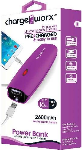 Chargeworx CX6510VT Power Bank with Built-in Flashlight, Violet, Pre-charged & ready to use, Pocket size compact design, Extends battery standby time, Rechargeable 2600mAh Battery, 1x USB Output 1A, Compatible with most mobile devices, Switch ON/OFF with built-in LED charging indicator, Micro USB input port, UPC 643620651063 (CX-6510VT CX 6510VT CX6510V CX6510)