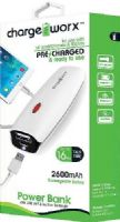 Chargeworx CX6510WH Power Bank with Built-in Flashlight, White, Pre-charged & ready to use, Pocket size compact design, Extends battery standby time, Rechargeable 2600mAh Battery, 1x USB Output 1A, Compatible with most mobile devices, Switch ON/OFF with built-in LED charging indicator, Micro USB input port, UPC 643620651056 (CX-6510WH CX 6510WH CX6510W CX6510) 