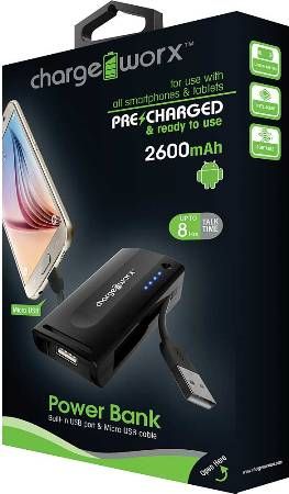 Chargeworx CX6524BK Power Bank, Black For use with all smartphones and tablets, Built-in USB port and Micro USB cable, Rechargeable 2600mAh lithium battery, Extends Battery Stand by Time, LED power indicator for battery level, Switch ON/OFF, 1x USB Output 1A, UPC 643620652404 (CX-6524BK CX 6524BK CX6524B CX6524)