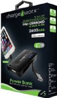 Chargeworx CX6525BK Power Bank with Built-in USB Port and Lighthing Cable, Black, For use with all smartphones and tablets, Rechargeable 2600mAh lithium battery, Extends Battery Stand by Time, LED power indicator for battery level, Switch ON/OFF, 1x USB Output 1A, UPC 643620652503 (CX-6525BK CX 6525BK CX6525B CX6525) 
