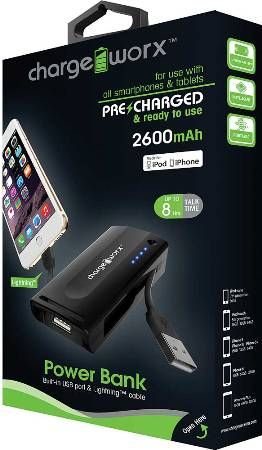 Chargeworx CX6525BK Power Bank with Built-in USB Port and Lighthing Cable, Black, For use with all smartphones and tablets, Rechargeable 2600mAh lithium battery, Extends Battery Stand by Time, LED power indicator for battery level, Switch ON/OFF, 1x USB Output 1A, UPC 643620652503 (CX-6525BK CX 6525BK CX6525B CX6525)