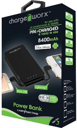 Chargeworx CX6541BK Power Bank with Built-in Lightning and Micro USB Cables, Black For use with all Smartphones & Tablets, Compact design, Charge 3 Device at Once, Rechargeable 8400 mAh Battery, 1 USB port, 3.4 Amp, UPC 643620654101 (CX-6541BK CX 6541BK CX6541B CX6541)