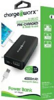 Chargeworx CX6542BK Premium Power Bank, Black, Pre-charged & ready to use, Extends Battery Standby Time, 4000mAh Rechargeable Battery, Pocket size compact design, LED Power Indicator, Fits with most mobile devices, Switch ON/OFF, 1x USB Output 1A, Input DC 5V 0.5 ~ 1A (Max), Output DC 5V 0.5 ~ 1A, UPC 643620654200 (CX-6542BK CX 6542BK CX6542B CX6542) 