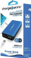 Chargeworx CX6542BL Premium Power Bank, Blue, Pre-charged & ready to use, Extends Battery Standby Time, 4000mAh Rechargeable Battery, Pocket size compact design, LED Power Indicator, Fits with most mobile devices, Switch ON/OFF, 1x USB Output 1A, Input DC 5V 0.5 ~ 1A (Max), Output DC 5V 0.5 ~ 1A, UPC 643620654224 (CX-6542BL CX 6542BL CX6542B CX6542) 