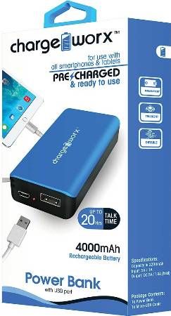 Chargeworx CX6542BL Premium Power Bank, Blue, Pre-charged & ready to use, Extends Battery Standby Time, 4000mAh Rechargeable Battery, Pocket size compact design, LED Power Indicator, Fits with most mobile devices, Switch ON/OFF, 1x USB Output 1A, Input DC 5V 0.5 ~ 1A (Max), Output DC 5V 0.5 ~ 1A, UPC 643620654224 (CX-6542BL CX 6542BL CX6542B CX6542)