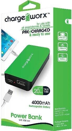 Chargeworx CX6542GN Premium Power Bank, Green, Pre-charged & ready to use, Extends Battery Standby Time, 4000mAh Rechargeable Battery, Pocket size compact design, LED Power Indicator, Fits with most mobile devices, Switch ON/OFF, 1x USB Output 1A, Input DC 5V 0.5 ~ 1A (Max), Output DC 5V 0.5 ~ 1A, UPC 643620654231 (CX-6542GN CX 6542GN CX6542G CX6542)