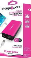 Chargeworx CX6542PK Premium Power Bank, Pink, Pre-charged & ready to use, Extends Battery Standby Time, 4000mAh Rechargeable Battery, Pocket size compact design, LED Power Indicator, Fits with most mobile devices, Switch ON/OFF, 1x USB Output 1A, Input DC 5V 0.5 ~ 1A (Max), Output DC 5V 0.5 ~ 1A, UPC 643620654248 (CX-6542PK CX 6542PK CX6542P CX6542) 