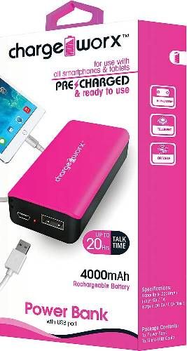 Chargeworx CX6542PK Premium Power Bank, Pink, Pre-charged & ready to use, Extends Battery Standby Time, 4000mAh Rechargeable Battery, Pocket size compact design, LED Power Indicator, Fits with most mobile devices, Switch ON/OFF, 1x USB Output 1A, Input DC 5V 0.5 ~ 1A (Max), Output DC 5V 0.5 ~ 1A, UPC 643620654248 (CX-6542PK CX 6542PK CX6542P CX6542)