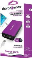 Chargeworx CX6542VT Premium Power Bank, Violet, Pre-charged & ready to use, Extends Battery Standby Time, 4000mAh Rechargeable Battery, Pocket size compact design, LED Power Indicator, Fits with most mobile devices, Switch ON/OFF, 1x USB Output 1A, Input DC 5V 0.5 ~ 1A (Max), Output DC 5V 0.5 ~ 1A, UPC 643620654255 (CX-6542VT CX 6542VT CX6542V CX6542) 