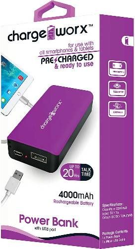 Chargeworx CX6542VT Premium Power Bank, Violet, Pre-charged & ready to use, Extends Battery Standby Time, 4000mAh Rechargeable Battery, Pocket size compact design, LED Power Indicator, Fits with most mobile devices, Switch ON/OFF, 1x USB Output 1A, Input DC 5V 0.5 ~ 1A (Max), Output DC 5V 0.5 ~ 1A, UPC 643620654255 (CX-6542VT CX 6542VT CX6542V CX6542)