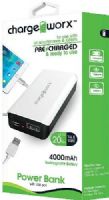 Chargeworx CX6542WH Premium Power Bank, White, Pre-charged & ready to use, Extends Battery Standby Time, 4000mAh Rechargeable Battery, Pocket size compact design, LED Power Indicator, Fits with most mobile devices, Switch ON/OFF, 1x USB Output 1A, Input DC 5V 0.5 ~ 1A (Max), Output DC 5V 0.5 ~ 1A, UPC 643620654262 (CX-6542WH CX 6542WH CX6542W CX6542) 