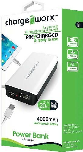 Chargeworx CX6542WH Premium Power Bank, White, Pre-charged & ready to use, Extends Battery Standby Time, 4000mAh Rechargeable Battery, Pocket size compact design, LED Power Indicator, Fits with most mobile devices, Switch ON/OFF, 1x USB Output 1A, Input DC 5V 0.5 ~ 1A (Max), Output DC 5V 0.5 ~ 1A, UPC 643620654262 (CX-6542WH CX 6542WH CX6542W CX6542)