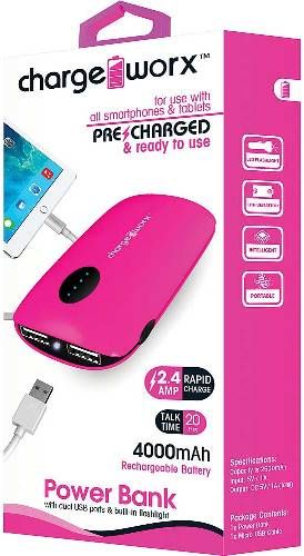 Chargeworx CX6543PK Power Bank with Dual USB Ports & Built-in Flashlight, Pink For use with all smartphones and tablets, 4000mAh Rechargeable Battery, Pre-charged & ready to use, Extends Battery Standby Time, Pocket size compact design, LED Power Indicator, Switch ON/OFF, 2x USB Output 2.4A, Input DC 5V 0.5 ~ 1A (Max), UPC 643620654347 (CX-6543PK CX 6543PK CX6543P CX6543)