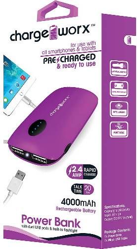 Chargeworx CX6543VT Power Bank with Dual USB Ports & Built-in Flashlight, Violet For use with all smartphones and tablets, 4000mAh Rechargeable Battery, Pre-charged & ready to use, Extends Battery Standby Time, Pocket size compact design, LED Power Indicator, Switch ON/OFF, 2x USB Output 2.4A, Input DC 5V 0.5 ~ 1A (Max), UPC 643620654354 (CX-6543VT CX 6543VT CX6543V CX6543)