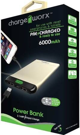 Chargeworx CX6554GD Low Profile Metal Casing Power Bank with Built-in Dual USB Ports, Gold, For use with most smartphone and tablets, 6000mAh Rechargeable Battery, Pre-charged & ready to use, Extends battery standby time, 1x USB Output 1A, 1x USB Output 2.1A, Switch ON/OFF, LED Power indicator, Includes micro USB charging cable, UPC 643620655467 (CX-6554GD CX 6554GD CX6554G CX6554)