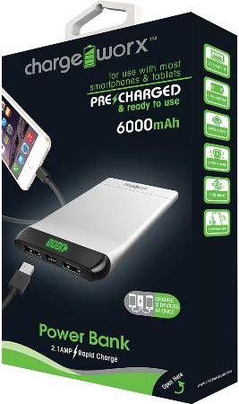 Chargeworx CX6554SL Low Profile Metal Casing Power Bank with Built-in Dual USB Ports, Silver, For use with most smartphone and tablets, 6000mAh Rechargeable Battery, Pre-charged & ready to use, Extends battery standby time, 1x USB Output 1A, 1x USB Output 2.1A, Switch ON/OFF, LED Power indicator, Includes micro USB charging cable, UPC 643620655405 (CX-6554SL CX 6554SL CX6554S CX6554)
