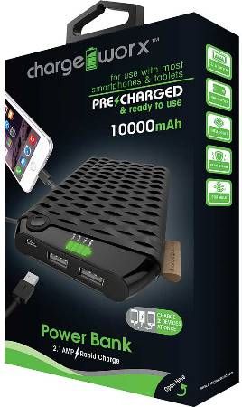 Chargeworx CX6558BK Premium 10000mAh Power Bank with Built-in Dual USB Ports, Black, Pre-charged & ready to use, Extends battery standby time, Rechargeable Battery, 1x USB Output 1A, 1x USB Output 2.1A, Switch ON/OFF, LED Power indicator, Compatible with most mobile devices, Includes micro USB charging cable, UPC 643620655801 (CX-6558BK CX 6558BK CX6558B CX6558)