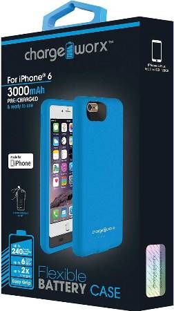 Chargeworx CX7003BL Flexible Battery Case, Blue, For use with iPhone 6, 3000mAh Pre-charged and ready to use, Up to 240 hours stanby time, Up to 6 hours talk time, Up to 2x charges, Extends Battery Stand by Time, LED power indicator for battery level, Slim-Fit, Input 5V ~ 1A (Max), Output 5.0 +/- 0.25V~1A, UPC 643620700328 (CX-7003BL CX 7003BL CX7003B CX7003)