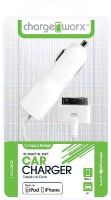 Chargeworx CX7501WH Car Charger 30-Pin, White, Made for iPhone 4/4S and iPod, Cigarette lighter adapter with attached cable, Intelligent IC chip technology, Power Input 12/24V, Total Output 5V - 1.0Amp, UPC 643620003367 (CX-7501WH CX 7501WH CX7501W CX7501) 