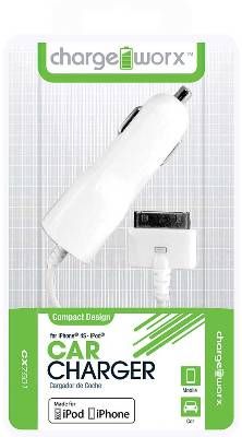 Chargeworx CX7501WH Car Charger 30-Pin, White, Made for iPhone 4/4S and iPod, Cigarette lighter adapter with attached cable, Intelligent IC chip technology, Power Input 12/24V, Total Output 5V - 1.0Amp, UPC 643620003367 (CX-7501WH CX 7501WH CX7501W CX7501)