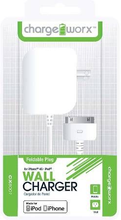 Chargeworx CX8001WH Wall Charger 30-Pin, White, Made for iPhone 4/4S and iPod, Wall charger with attached cable, Foldable Plug, Intelligent IC chip technology, Power Input 110/240V, Total Output 5V - 1.0Amp, UPC 643620003343 (CX-8001WH CX 8001WH CX8001W CX8001)
