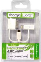 Chargeworx CX9002WH Sync & Charge Micro USB Cable with Lightning & 30 Pin Tip, White; Compatible with with iPhone 4/4S, iPhone 5/5S/5C/, iPhone 6/6 Plus, iPad, iPad Mini, iPod and most Micro USB devices; Stylish, durable, innovative design; Charge from any USB port; 3.3 ft/1m cord length; UPC 643620900123 (CX-9002WH CX 9002WH CX9002W CX9002) 