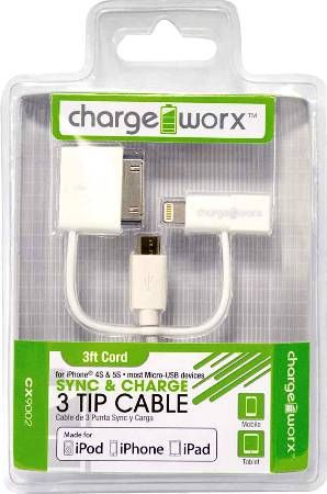 Chargeworx CX9002WH Sync & Charge Micro USB Cable with Lightning & 30 Pin Tip, White; Compatible with with iPhone 4/4S, iPhone 5/5S/5C/, iPhone 6/6 Plus, iPad, iPad Mini, iPod and most Micro USB devices; Stylish, durable, innovative design; Charge from any USB port; 3.3 ft/1m cord length; UPC 643620900123 (CX-9002WH CX 9002WH CX9002W CX9002)