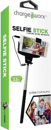Chargeworx CX9913BK Selfie Stick, Black, Extends up to 3.3ft, Adjust to fit many smartphone device, Switch ON/OFF, Slip resistant rubberized handle, Flexible phone mount for multiple angles, Does not require a battery or use of an app, Plug and play via 3.5 audio jack, UPC 643620991305 (CX-9913BK CX 9913BK CX9913B CX9913)