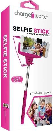 Chargeworx CX9913PK Selfie Stick, Pink, Extends up to 3.3ft, Adjust to fit many smartphone device, Switch ON/OFF, Slip resistant rubberized handle, Flexible phone mount for multiple angles, Does not require a battery or use of an app, Plug and play via 3.5 audio jack, UPC 643620991343 (CX-9913PK CX 9913PK CX9913P CX9913)