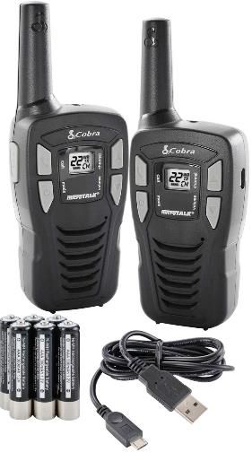 Cobra CXT145 GMRS Two-Way Radios, Black, Up to 16 Mile Range, 22 Channels, 10 Channel Weather Radio, Battery Saver Circuitry, Call Alert, Roger Beep Tone, Auto Squelch, LCD Display, Keystroke Tone Signal, Speaker/Microphone/Charger Jack, Belt Clip, 6 AAA NiMH Rechargeable Batteries (not included), Micro-USB charging cable with 