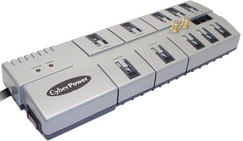 CyberPower Systems 1080 Home/Office Surge Suppressor Protection, 10 Outlets, 8' Cord Length, Switch Non lighted on/off, Circuit Breaker 15 Amp, NEMA 5-15R, 3600 Joules Surge Suppression, Maximum Surge Current 150000 Amps, Response Time less than 1 nanosecond, Phone Protection RJ11, Ethernet Protection RJ45, Coax Protection RG6, UPC 649532010806 (CYBERPOWER1080 CYBERPOWER-1080)