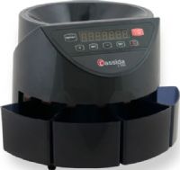 Cassida C-100 Electronic Coin Counter and Sorter; Automatically counts and sorts change at up to 250 coins per minute; Clearly displays grand total for all coins and their dollar value; Offers quick reports for each denomination as well; Counts and sorts pennies, nickels, dimes, and quarters; Separates each denomination into batch amounts for easy coin rolling; Hopper allows for an initial fill of up to 1600 coins; UPC: 857287002001 (CASSIDAC100 CASSIDA C-100 C100 ELECTRONIC COIN COUNTER SORTER) 