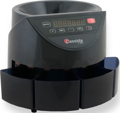 Cassida C-100 Electronic Coin Counter and Sorter; Automatically counts and sorts change at up to 250 coins per minute; Clearly displays grand total for all coins and their dollar value; Offers quick reports for each denomination as well; Counts and sorts pennies, nickels, dimes, and quarters; Separates each denomination into batch amounts for easy coin rolling; Hopper allows for an initial fill of up to 1600 coins; UPC: 857287002001 (CASSIDAC100 CASSIDA C-100 C100 ELECTRONIC COIN COUNTER SORTER)