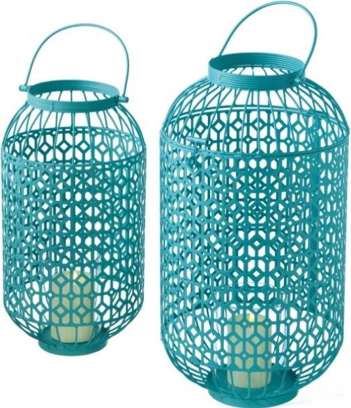 CBK Style105685 Turquoise Lattice Pillar Candle Lanterns, Glass jar, Holds a standard pillar candle, Ready to hang or can display on a table, Set of two, UPC 738449251584 (105685 CBK105685 CBK-105685 CB K105685)