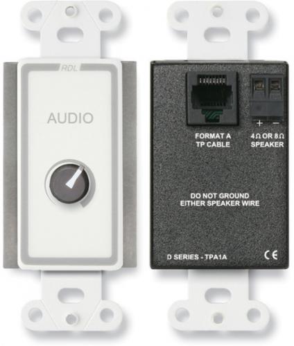 Radio Design Labs D-TPA1A 3.5 W Audio Power Amplifier; 3.5 Watt RMS Audio Amplifier into 8 Ohms; 6.5 Watt RMS Audio Amplifier into 4 Ohms; Output Drives 4 or 8 Ohm Speaker; Setting Level to Minimum Activates Energy-Saving Sleep Mode; Input: RDL format-A; Input Connector: RJ-45; Gain: Adjustment: Single turn audio taper, VCA attenuator; Frequency Response: 50 Hz to 20 kHz (+/- 1.5 dB); THD + N: < 0.1% (@ 1 kHz, 1 W); Noise: <-70 dB (below 1 W rms); CMRR: > (DTPA1A D-TPA1A D-TPA1A)