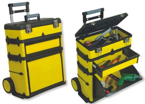 Duratool D00403 Metal Rolling Workshop, Yellow metal exterior for years of durability and protection, Removable upper toolbox for frequently used tools, 3-3/4 deep pullout drawer, Side bungee cords for additional storage, Large tilt-out bin for power tools or cabling, Saw horse groove in lid for cutting pipes or lumber, Soft rubber grips, Cord wrap on back of unit (D00-403D00 403 D00403)