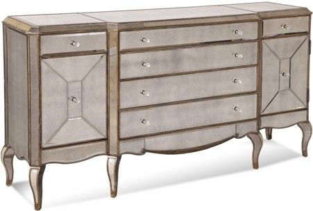 Bassett Mirror D1267-576EC Model D1267-576 Hollywood Glam Collette Breakfront Server, Antiqued beveled mirror veneers on the top and sides add dimension and the cabriole legs make this piece dressy and elegant, Gold and silver leaf finish translates into a grand and stately look, Dimensions 72