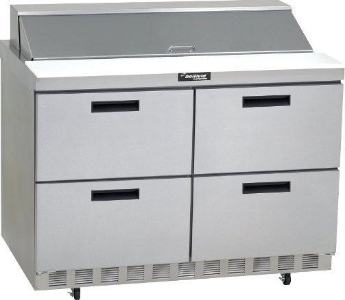 Delfield D4448N-18M  Mega Top Sandwich / Salad Prep Refrigerator with 4 Drawers, 7.2 Amps, 60 Hertz, 1 Phase, 115 Voltage, 18 Pans - 1/6 Size Pan Capacity, Drawers Access, 16 cu. ft. Capacity, Bottom Mounted Compressor Location, Front Breathing Compressor Style, 1/5 HP Horsepower, 4 Number of Drawers, Air Cooled Refrigeration, Counter Height Style, Mega Top, UPC 400010068425 (D4448N-18M D4448N18M D4448N 18M)